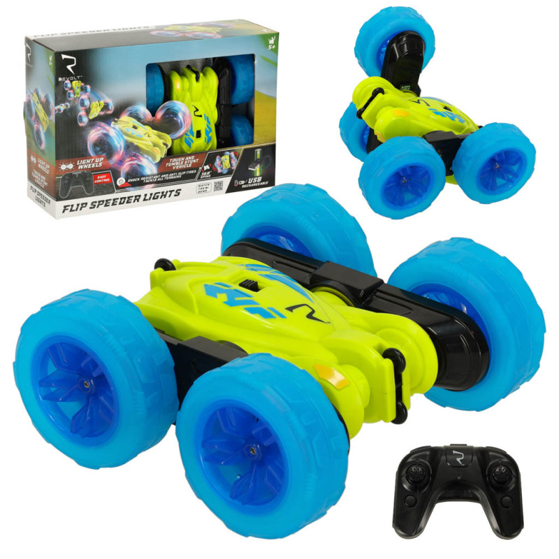 RC valdomas Revolt Flip Speeder automobilis su šviečiančiais ratais RC valdomas Revolt Flip Speeder automobilis su šviečiančiais ratais