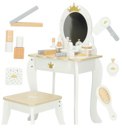Vaikiškas medinis tualetinis makiažo staliukas su priedais baltos spalvos