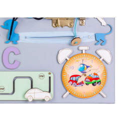 Medinė manipuliacinė montessori lenta, oranžinis laikrodis 50x37,5cm