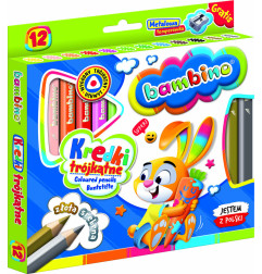 BAMBINO Trikampiai pieštukai mediniais rėmeliais 12 spalvų + galąstuvas