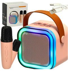 Karaokės rinkinys 2 mikrofonai + nešiojamas garsiakalbis BLUETOOTH USB LED rožinis