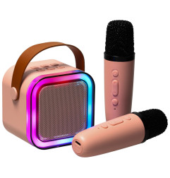 Karaokės rinkinys 2 mikrofonai + nešiojamas garsiakalbis BLUETOOTH USB LED rožinis