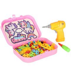 Konstravimo rinkinys su atsuktuvu ir priedais lagamine rožinis 285 detalės