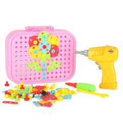 Konstravimo rinkinys su atsuktuvu ir priedais lagamine rožinis 285 detalės