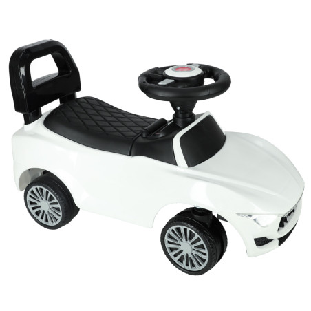 Vaikiškas paspiriamas automobilis su garsais ir šviesomis, baltas
