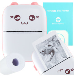 Mini terminis etikečių spausdintuvas + USB laidas katė rožinė