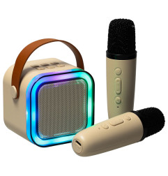 Karaokės rinkinys 2 mikrofonai + nešiojamas garsiakalbis BLUETOOTH USB LED smėlio spalvos