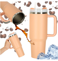 Termo puodelis su šiaudeliu ir rankenėle termosas 1200ml pudros rožinės spalvos