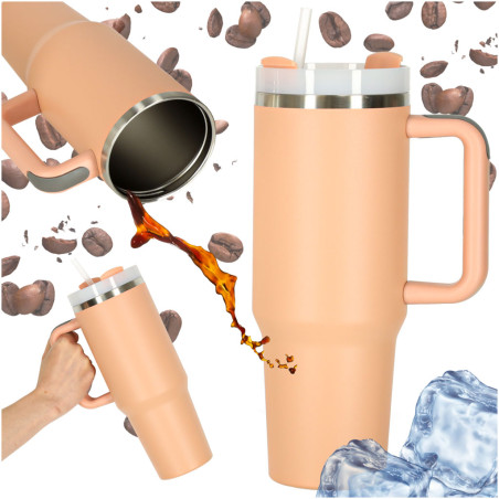 Termo puodelis su šiaudeliu ir rankenėle 1200ml rožinės spalvos