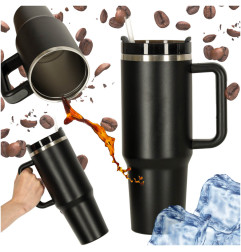 Termo puodelis su šiaudeliu ir rankenėle termosas 1200ml juodas