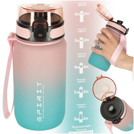 Vandens butelis su gradacija 600 ml rožinės-mėlynos spalvos