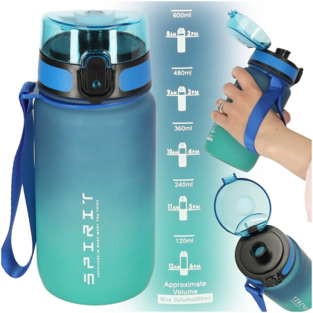 Vandens butelis su gradacija 600 ml, mėlynai žalias