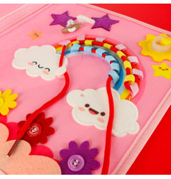 Sensorinė montessori manipuliavimo lenta rožiniame dėkle