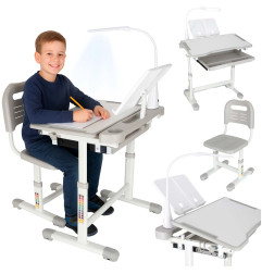 Vaikiškas rašomasis stalas su stalčiumi, kėdė, lempa, pilka