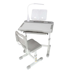 Vaikiškas rašomasis stalas su stalčiumi, kėdė, lempa, pilka