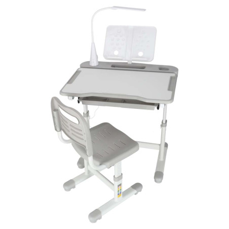 Vaikiškas rašomasis stalas su stalčiumi, kėdė, lempa, pilka