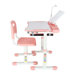 Vaikiškas rašomasis stalas su stalčiumi, kėde lempa rožinės spalvos