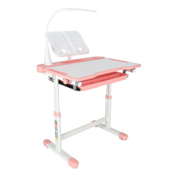 Vaikiškas rašomasis stalas su stalčiumi, kėde lempa rožinės spalvos