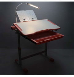 Vaikiškas rašomasis stalas su stalčiumi, kėde lempa rožinės spalvos