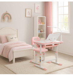 Vaikiškas rašomasis stalas su stalčiumi, kėde lempa rožinės spalvos