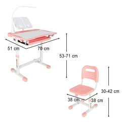 Vaikiškas rašomasis stalas su stalčiumi, kėde lempa rožinės spalvos