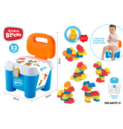 Minkštų kaladėlių rinkinys + saugojimo kėdė mėlyna