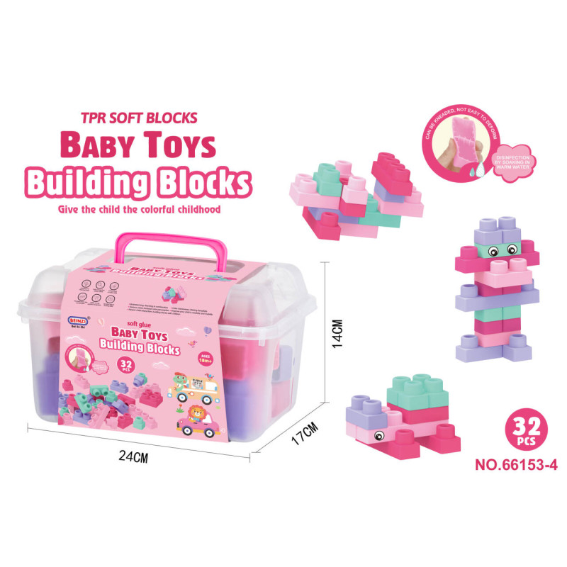 Minkštų kaladėlių rinkinys 32 vnt. Rožinis + lagaminas