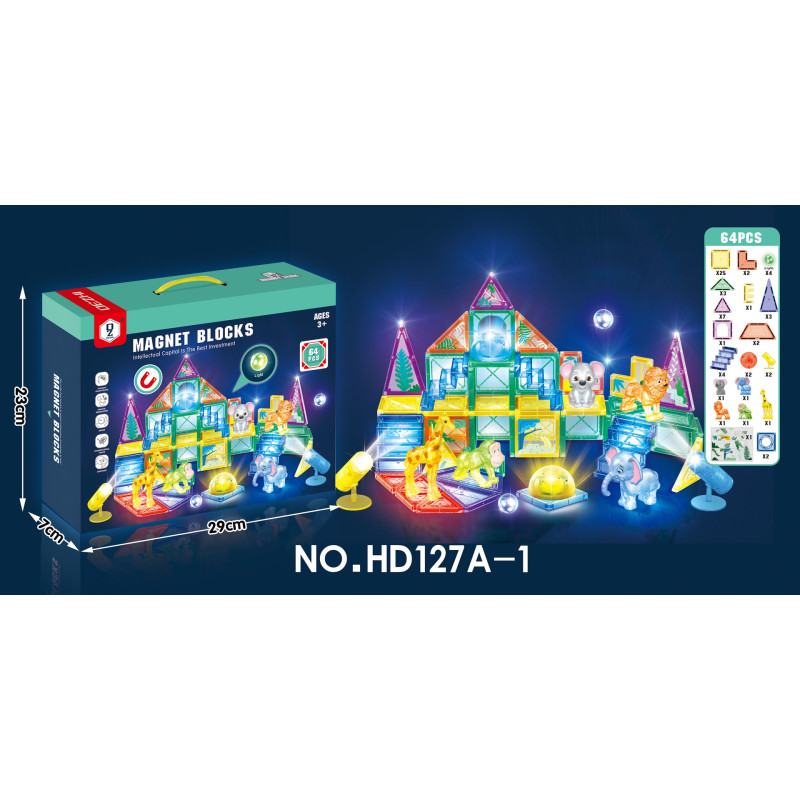 3D ZOO magnetinių kaladėlių rinkinys 64 vnt.