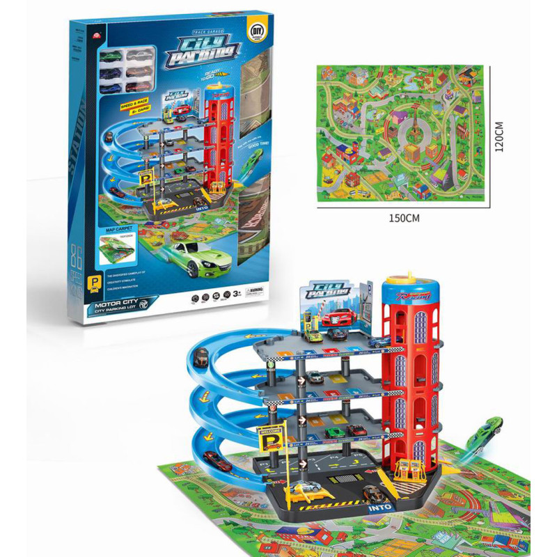 Daugiaaukštė automobilių stovėjimo aikštelė su kilimėliu ir priedais