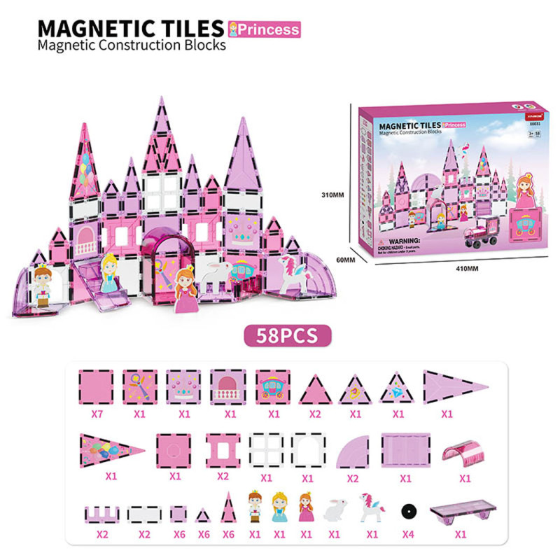 Rožinės princesės magnetinių kaladėlių rinkinys 58 vnt.