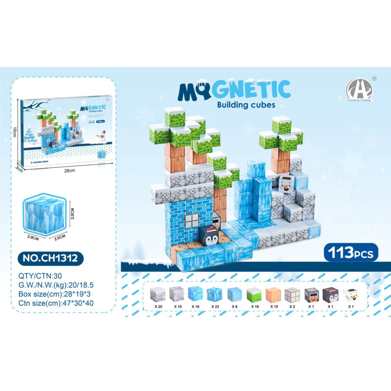 Magnetinių kubelių, kaladėlių rinkinys, 113 vnt.