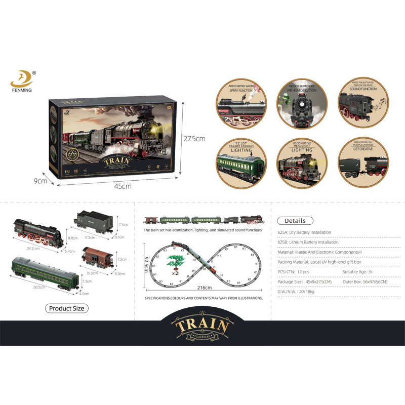 Retro traukinys su šviesomis, garsais ir dūmų funkcija 216 cm