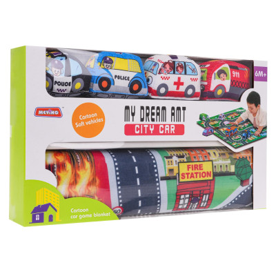 Miesto ugniagesių kilimėlis ir minkšti automobiliai