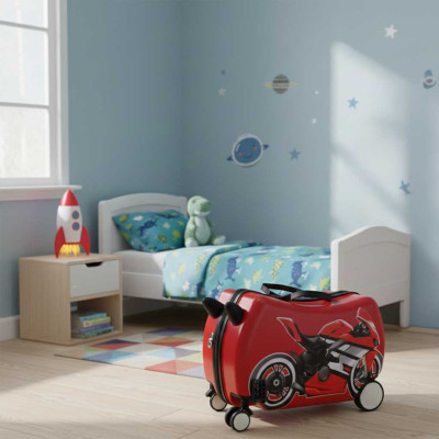 Vaikiškas kelioninis lagaminas ant ratukų su diržu motociklas