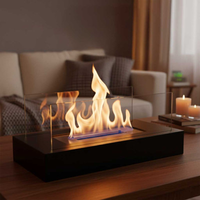 Laisvai pastatoma stačiakampė, nedūmijanti, ant stalo pastatoma biokuro krosnelė