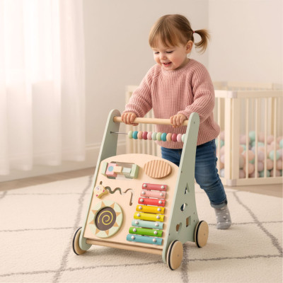 Kūdikių vežimėlis medinė vaikštynė su abaku mėlyna