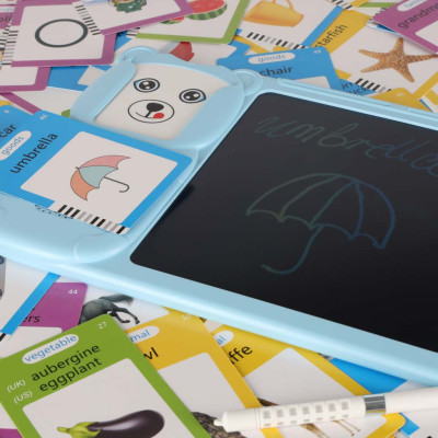 Anglų kalbos žodyno mokymosi kortelių skaitymo kortelė flipchart blue