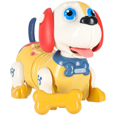 Interaktyvus šuo su kaulu robotas reaguoja į prisilietimą