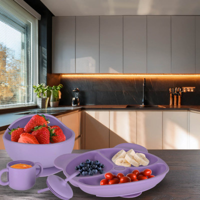Vaikiškų silikoninių valgymo indų rinkinys, 8 vnt., violetinės spalvos
