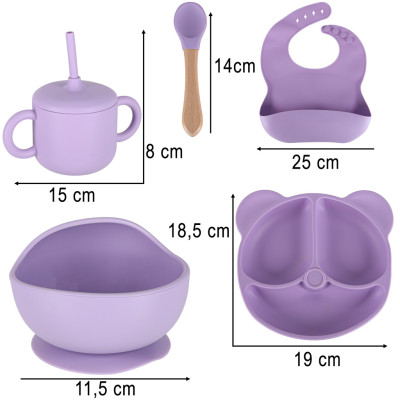 Vaikiškų silikoninių valgymo indų rinkinys, 8 vnt., violetinės spalvos