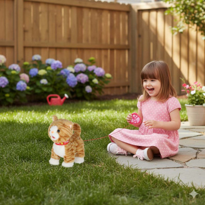 Interaktyvi katė ant pavadėlio miauksi vaikšto vizgina uodegą vizgina smėlio spalvos