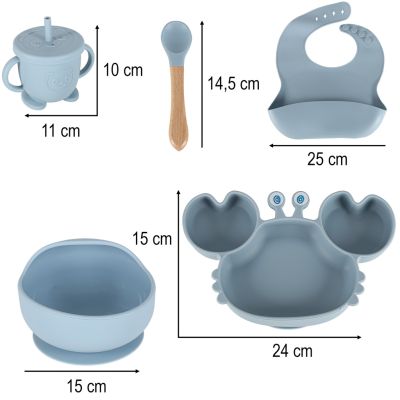 Silikoniniai kūdikių indai krabas 9 dalių rinkinys mėlynos spalvos