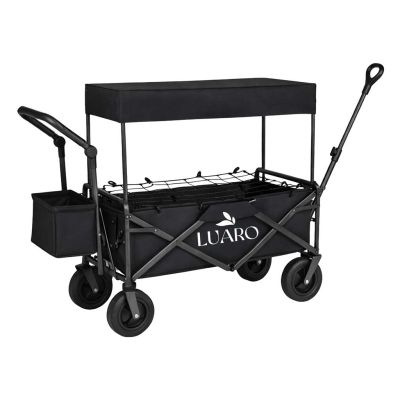 LUARO paplūdimio transportavimo vežimėlis sulankstomas su stogeliu ir tinkleliu, juodas