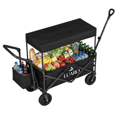 LUARO paplūdimio transportavimo vežimėlis sulankstomas su stogeliu ir tinkleliu, juodas