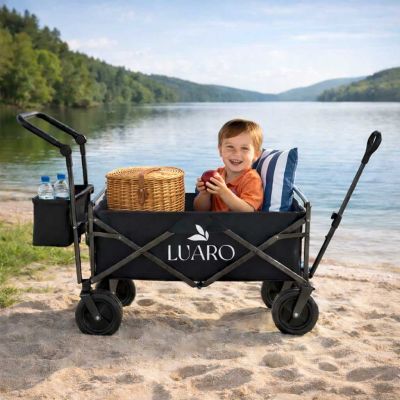 LUARO paplūdimio transportavimo vežimėlis sulankstomas su stogeliu ir tinkleliu, juodas