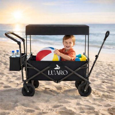 LUARO paplūdimio transportavimo vežimėlis sulankstomas su stogeliu ir tinkleliu, juodas