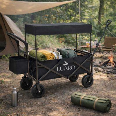 LUARO paplūdimio transportavimo vežimėlis sulankstomas su stogeliu ir tinkleliu, juodas