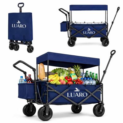LUARO paplūdimio transportavimo vežimėlis sulankstomas su stogeliu ir tinkleliu tamsiai mėlyna