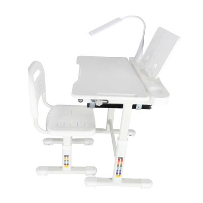 Vaikiškas mokyklinis rašomasis stalas reguliuojamas + kėdė + LED šviesa USB balta