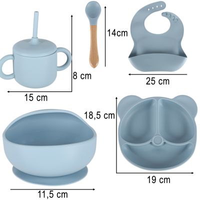 Silikoninių kūdikių indų rinkinys, 8 vnt., mėlynos spalvos